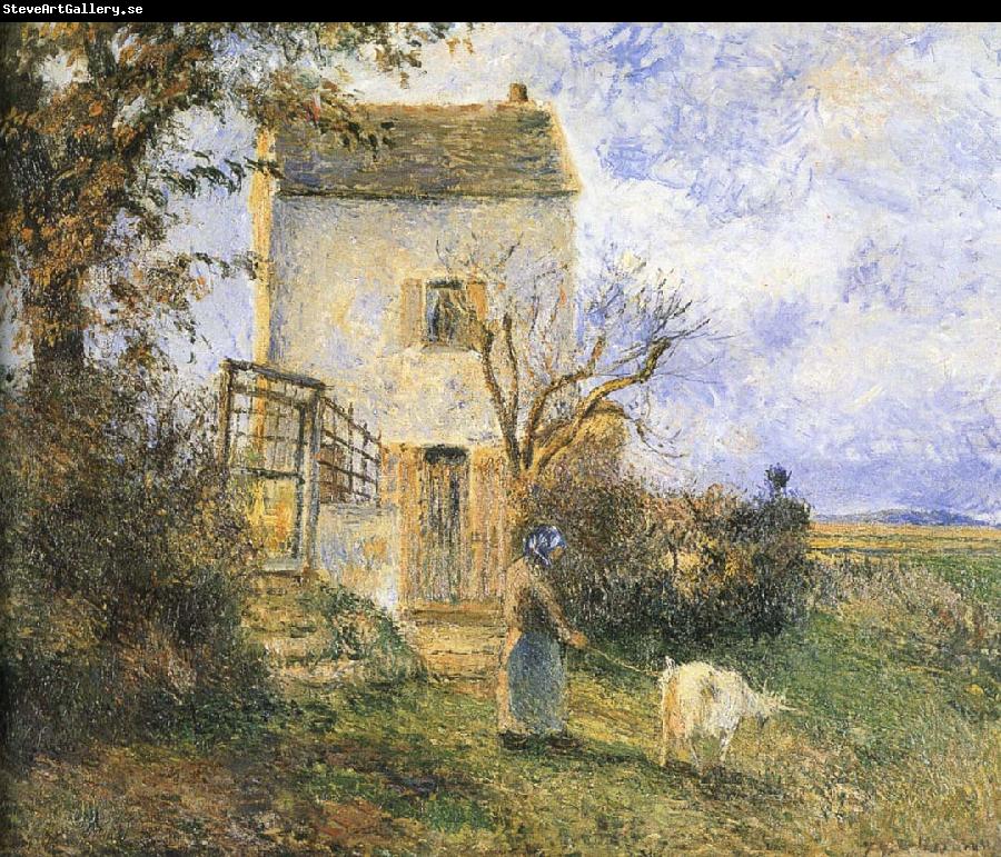 Camille Pissarro Farmhouse in front of women and sheep